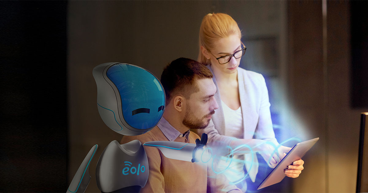 uomo, donna e robot che guardano tablet
